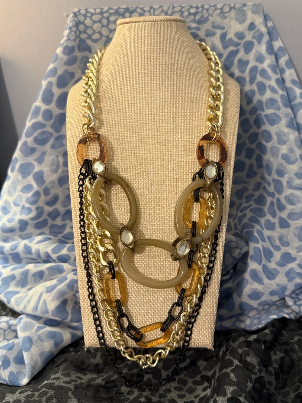 Layered Gold and Beige Multi-Chain Statement Necklace
